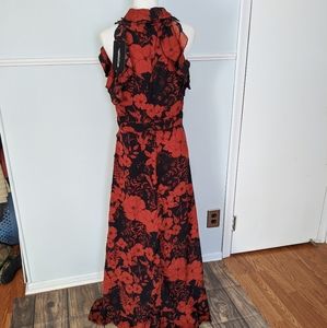 navy floral print frill detail wrap maxi dress